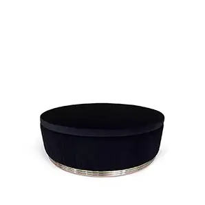 Mia Ottoman: Sleek, round ottoman with a plush black velvet top and pleated sides, featuring a rose gold base for modern elegance.