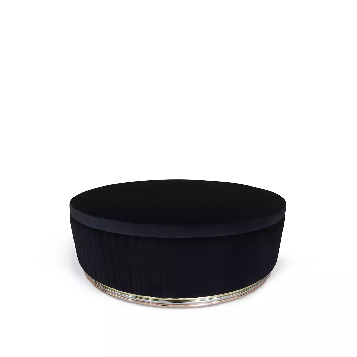 Mia Ottoman: Sleek, round ottoman with a plush black velvet top and pleated sides, featuring a rose gold base for modern elegance.