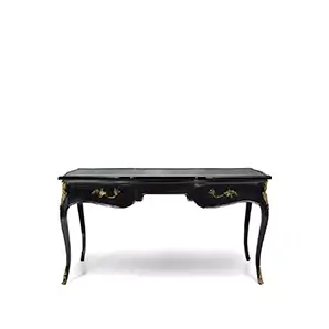 Elegant black Exotic Peacock Feather Top Ormolu Desk with ornate golden details.