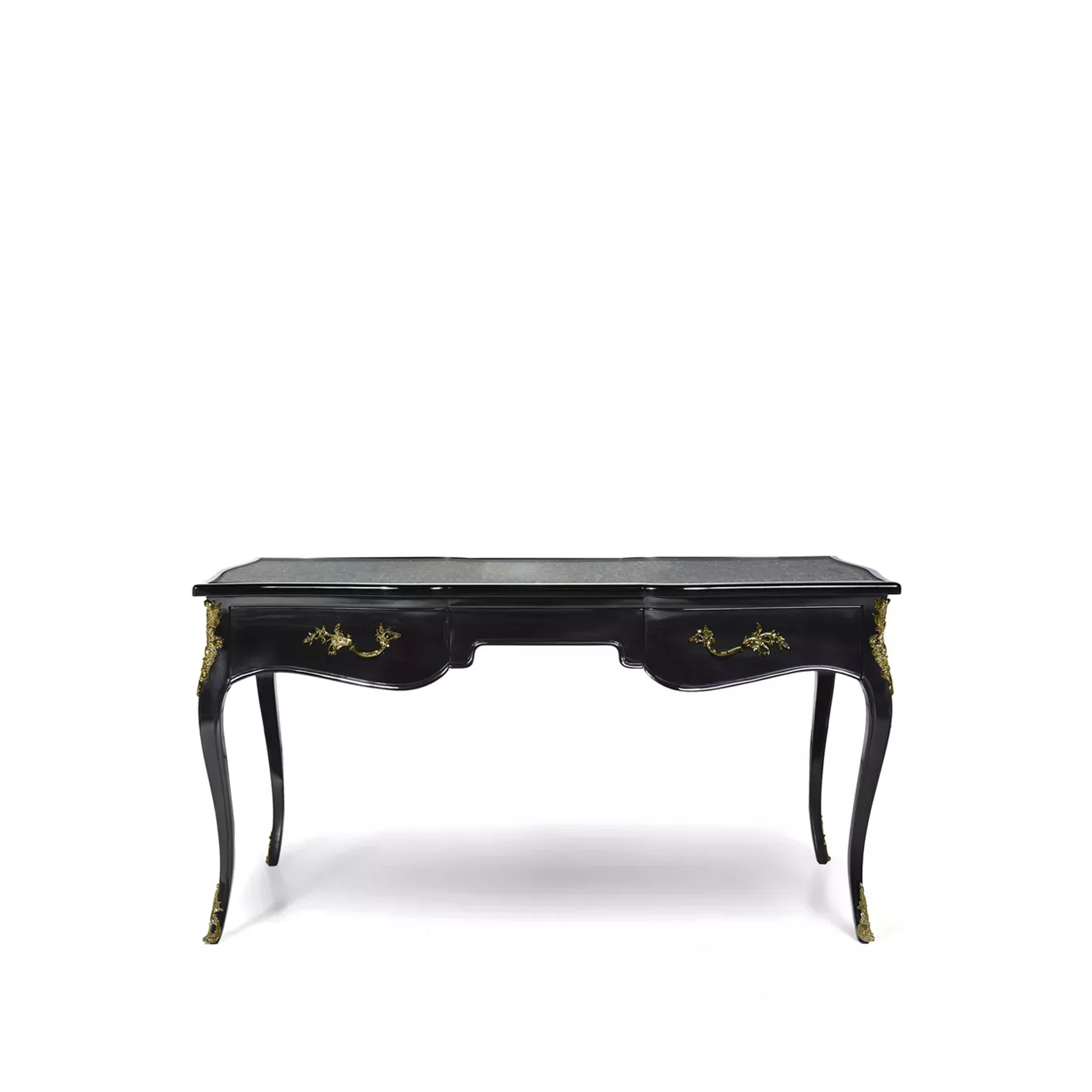 Elegant black Exotic Peacock Feather Top Ormolu Desk with ornate golden details.