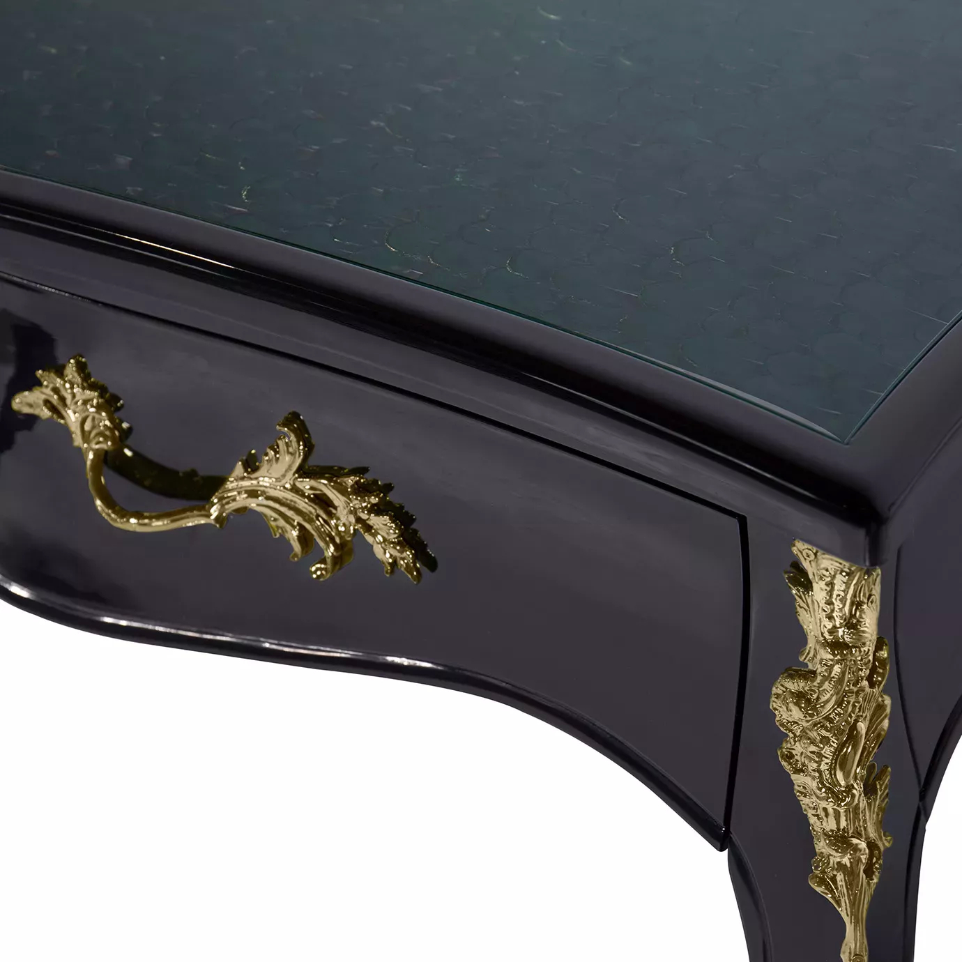 Elegant close-up of the black drawer with ornate golden handle of the Exotic Peacock Feather Top Ormolu Desk.