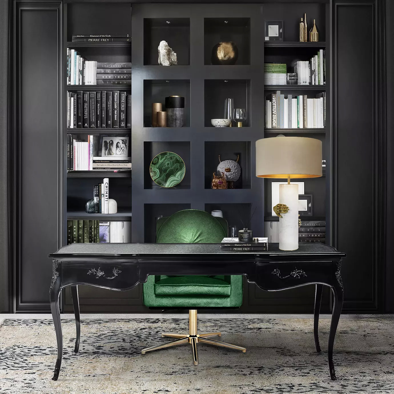 Elegant black desk with vibrant green office chair in a sophisticated office with dark bookshelves.