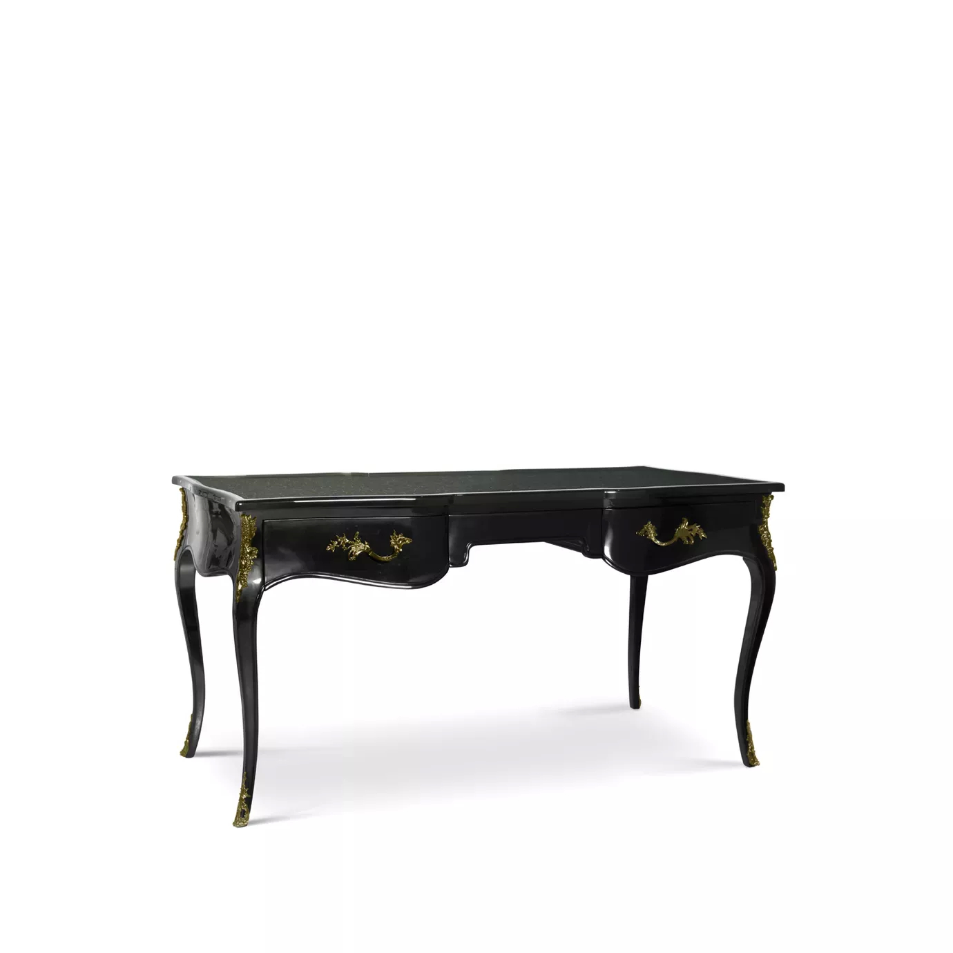Elegant black Exotic Peacock Feather Top Ormolu Desk with drawers and golden details.