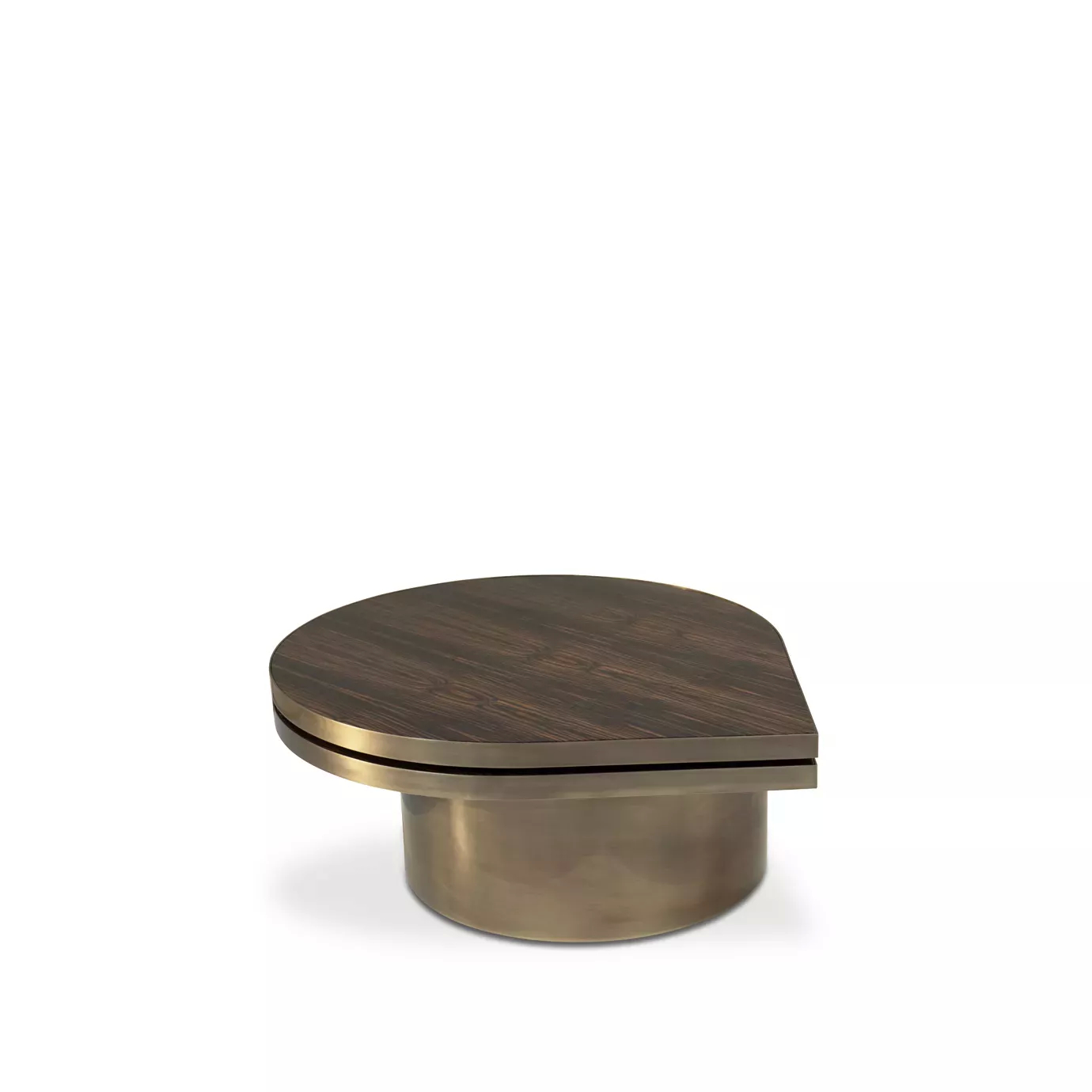 Tears Aged Brass Coffee Table: Modern oval table with a dark wood top and aged brass base, shown in closed position for sleek, minimalist style.