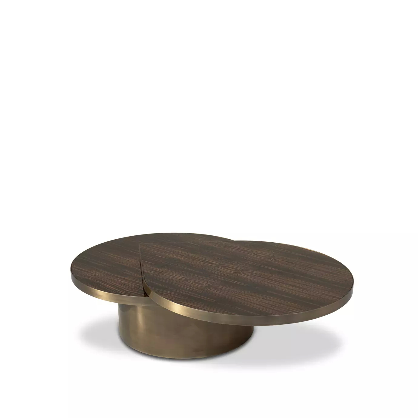 Tears Aged Brass Coffee Table: Modern oval table with a dark wood top and aged brass base, featuring a sleek, minimalist design.