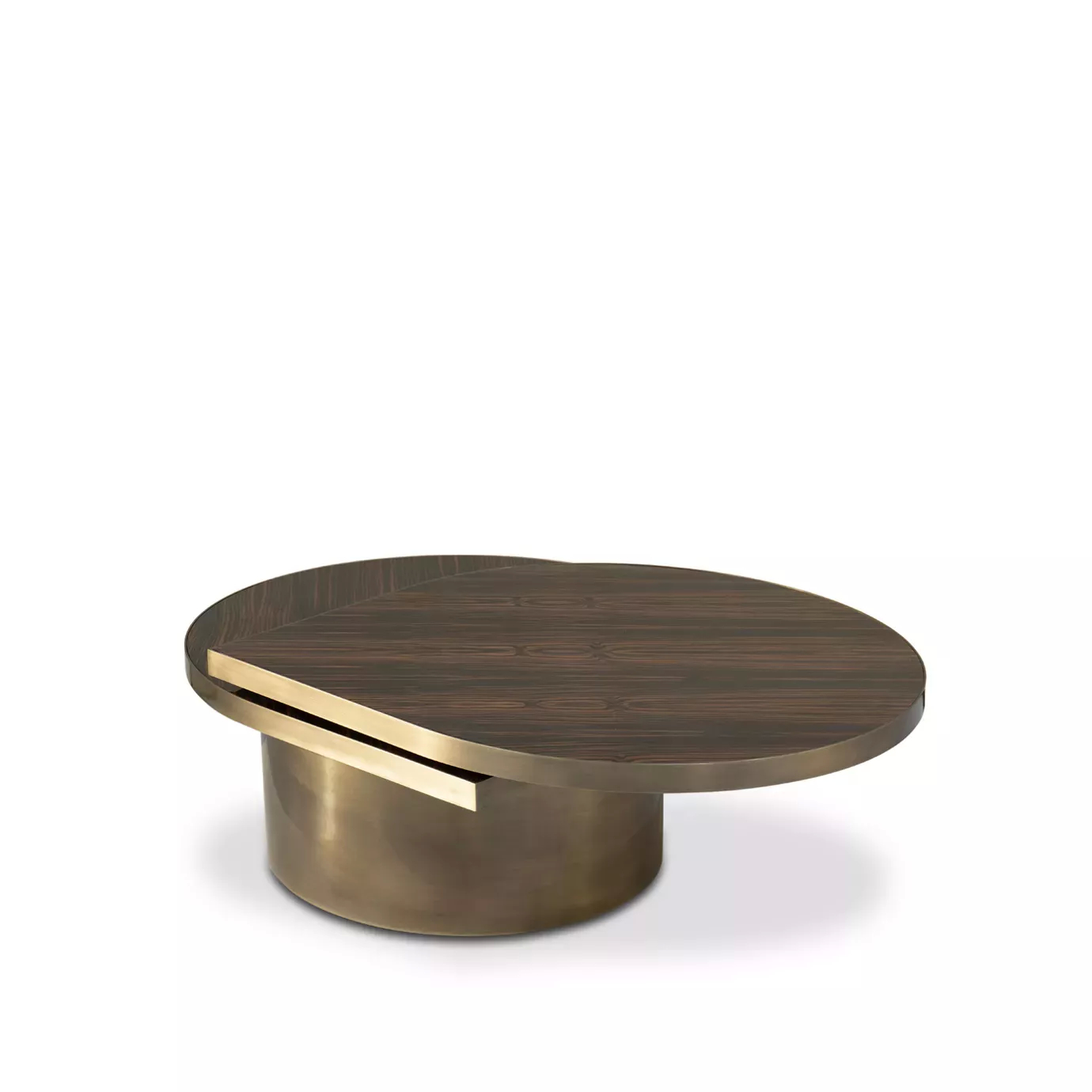 Tears Aged Brass Coffee Table: Modern oval table with a dark wood top and aged brass base, showcasing a sleek, minimalist design.