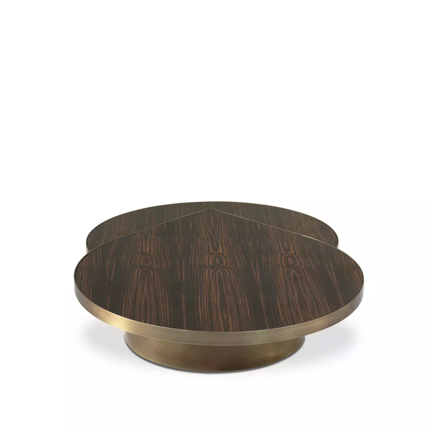 Tears Aged Brass Coffee Table: Modern oval table with a dark wood top and aged brass base, featuring a sleek, minimalist design.