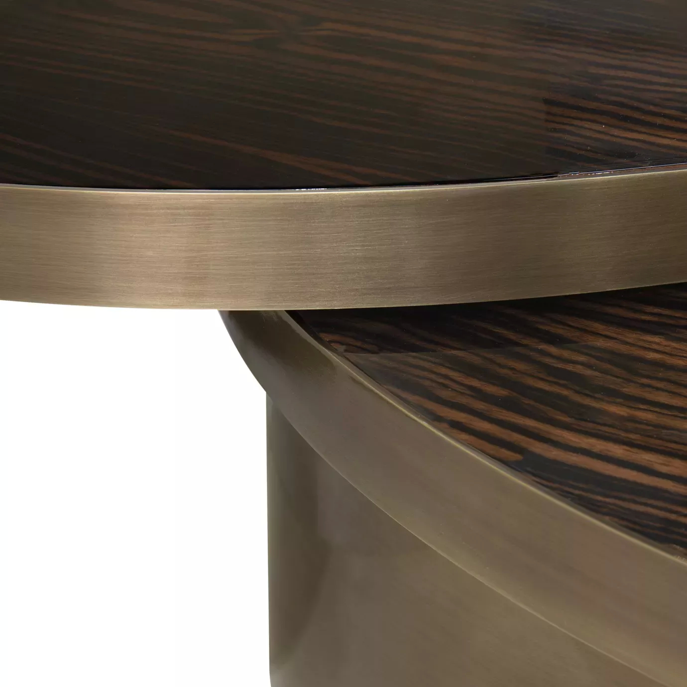 Tears Aged Brass Coffee Table: Close-up view of the sleek, modern design with a dark wood top and aged brass base, highlighting its minimalist elegance.