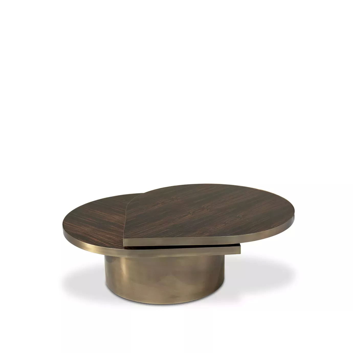 Tears Aged Brass Coffee Table: Modern oval table with a dark wood top and aged brass base, featuring a sleek, minimalist design.