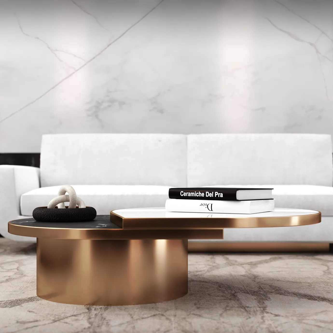 Tears Aged Brass Coffee Table: Modern oval table with dark wood top and aged brass base, styled in a minimalist living room setting.