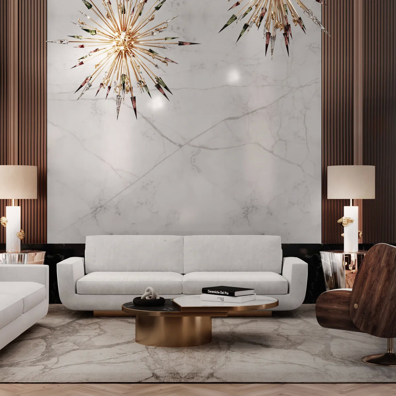 Tears Aged Brass Coffee Table: Sleek oval table with dark wood top and aged brass base, placed in a modern living room with marble walls and contemporary decor.