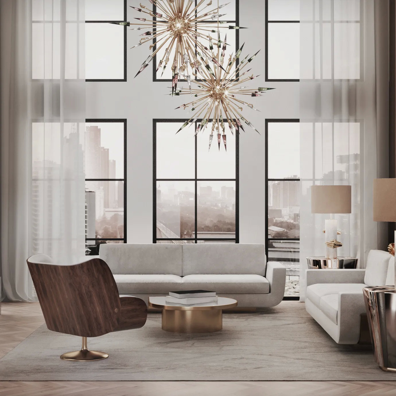 Tears Aged Brass Coffee Table: Modern oval table with dark wood top and aged brass base, styled in a contemporary living room with large windows and sleek furniture.