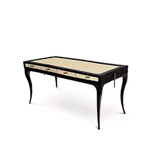 Elegant Exotica Desk with beige top, black details, and golden handles.
