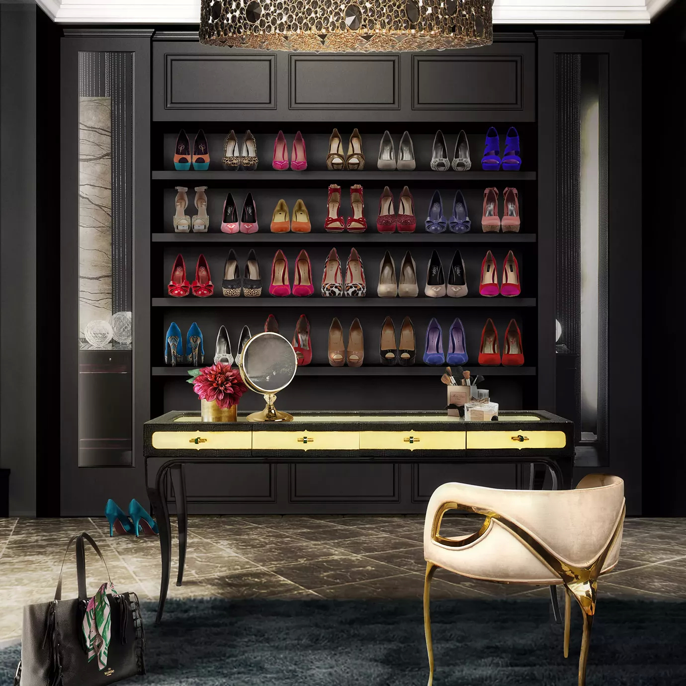 Elegant black Exotica Dressing Table with golden details and round mirror in a sophisticated walk-in closet with many shoes