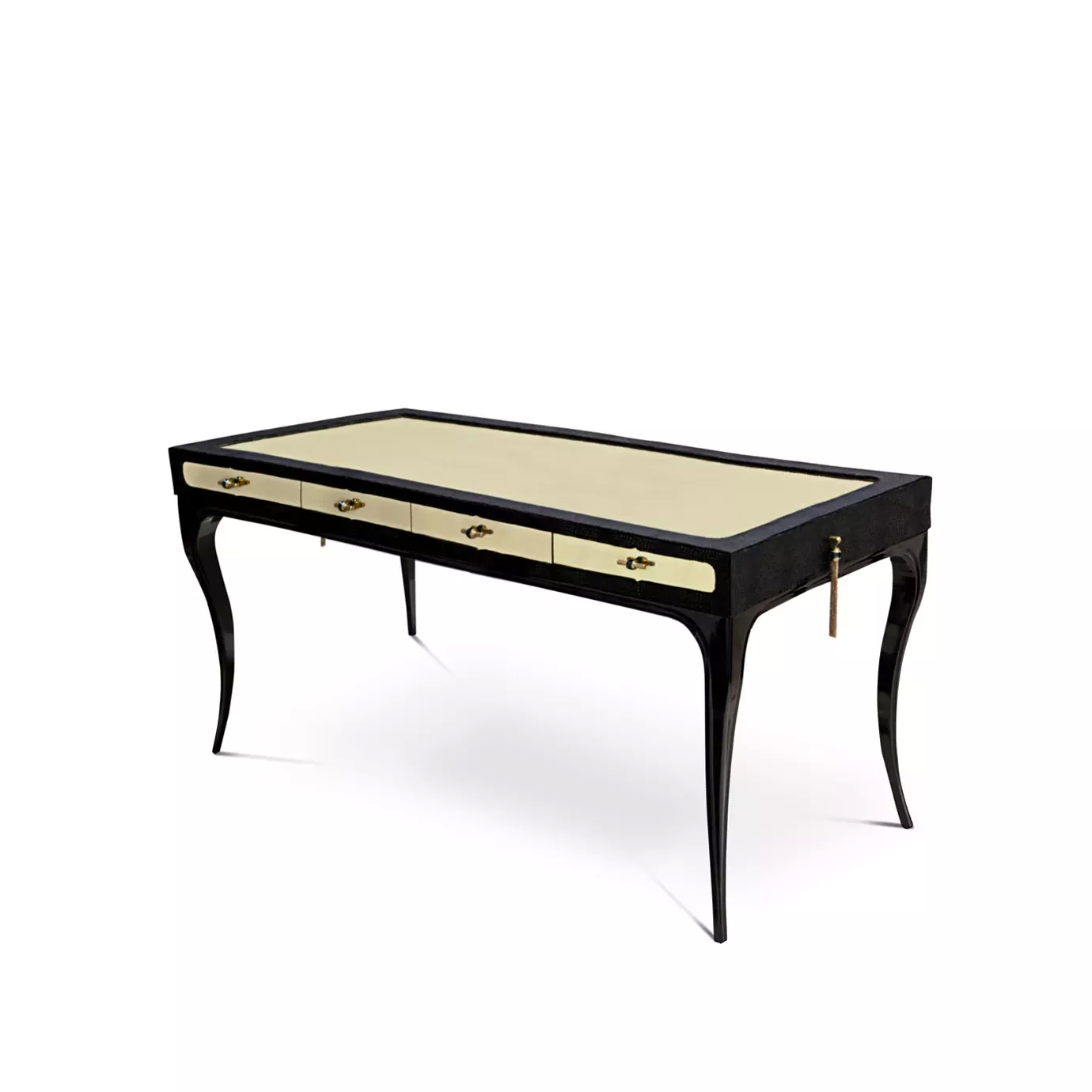 Elegant Exotica Desk with beige top, black details, and golden handles.