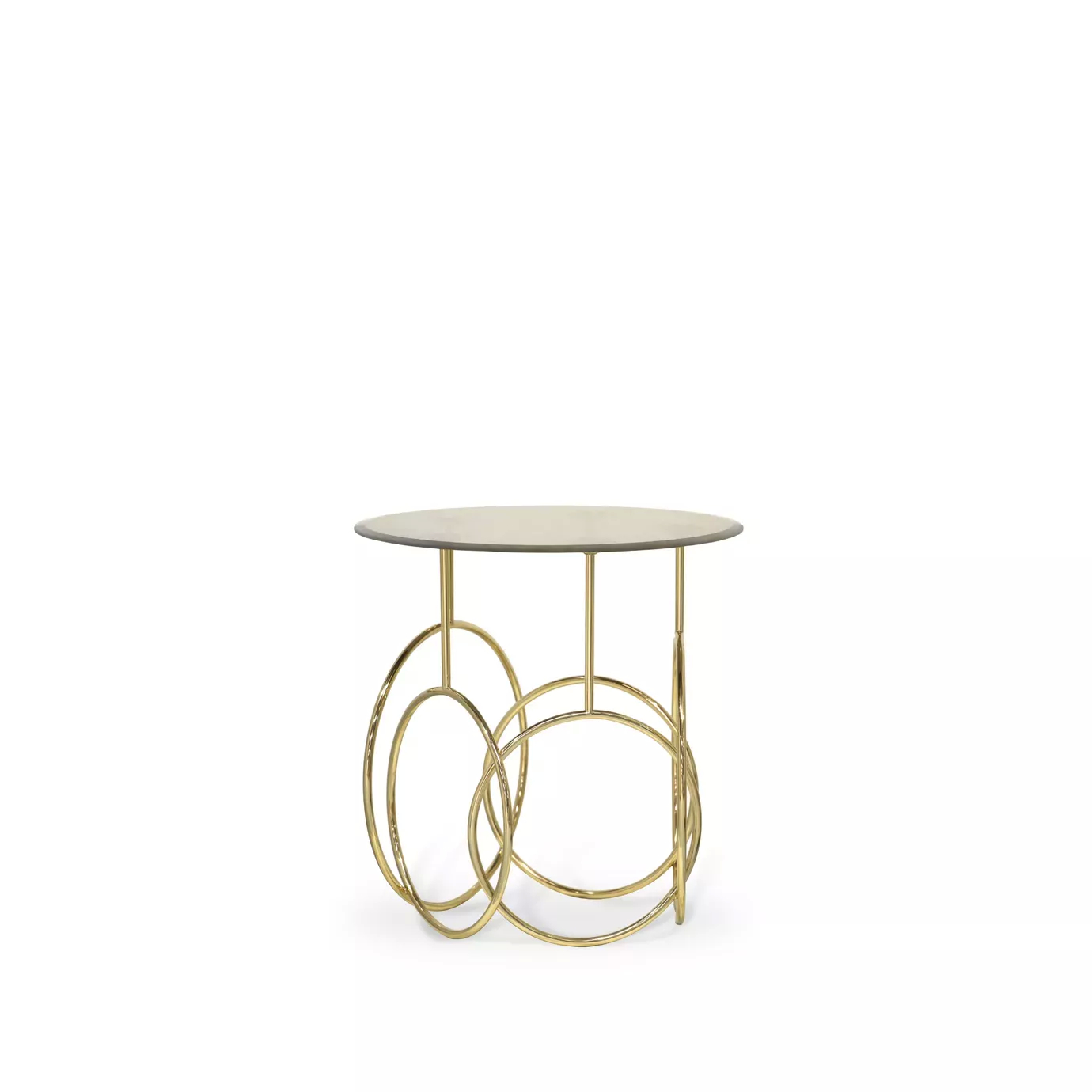 Elegant Kiki Side Table with circular top and geometric golden base.