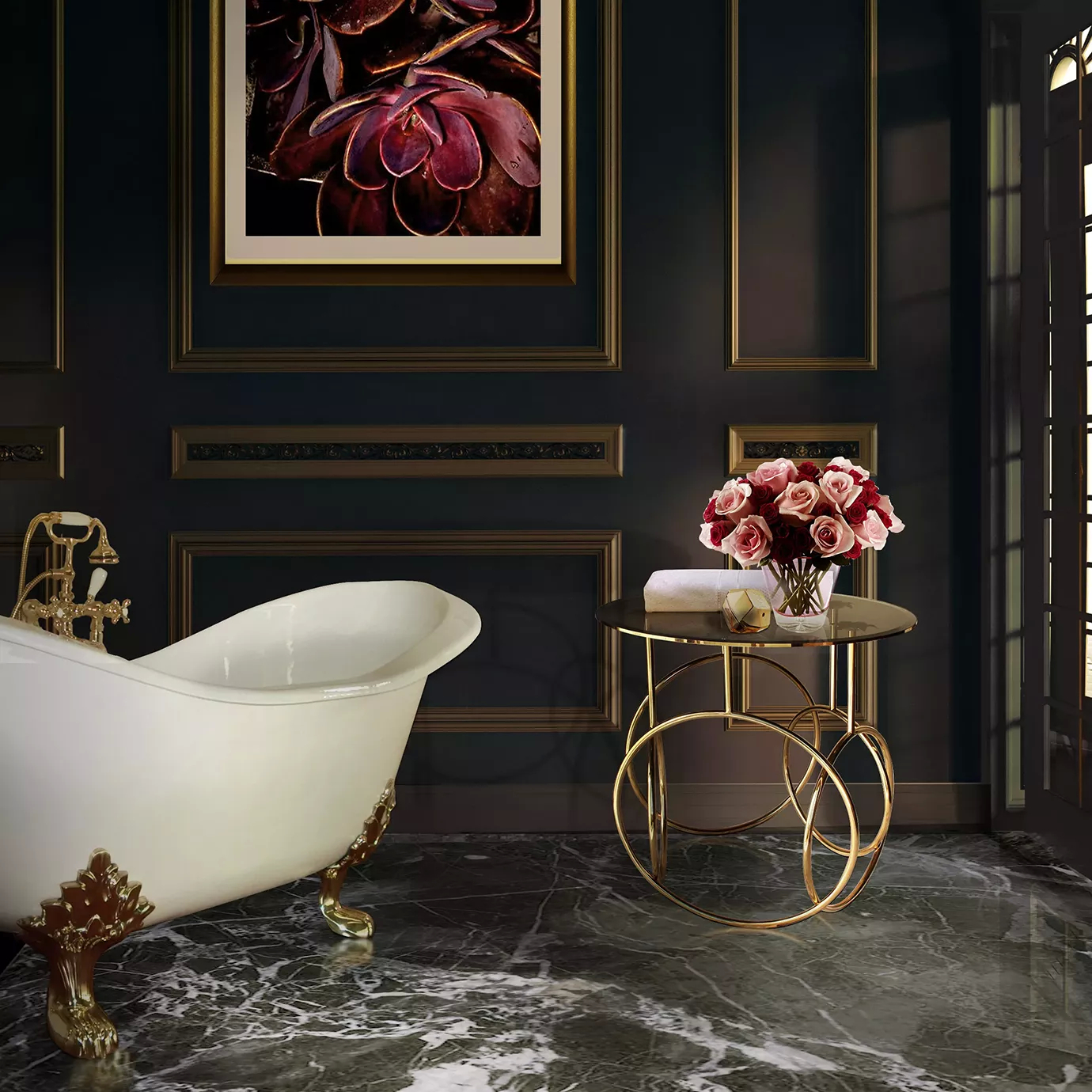 Elegant golden Kiki Side Table with dark glass top next to a classic bathtub in a luxurious bathroom.