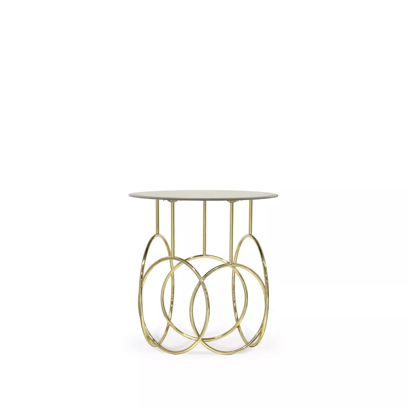 Elegant Kiki Side Table with round top and sculptural golden base.