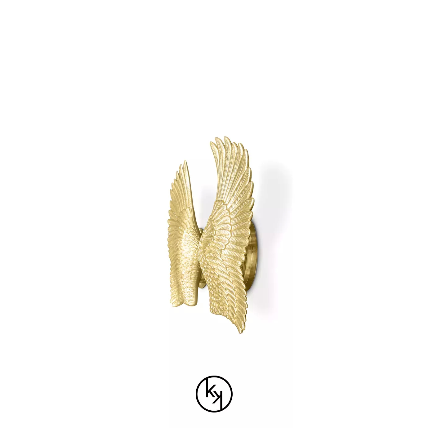 Pluma Sconce by KOKET featuring sculptural golden wings with detailed featherwork, symmetrically arranged in a radiant, angelic design