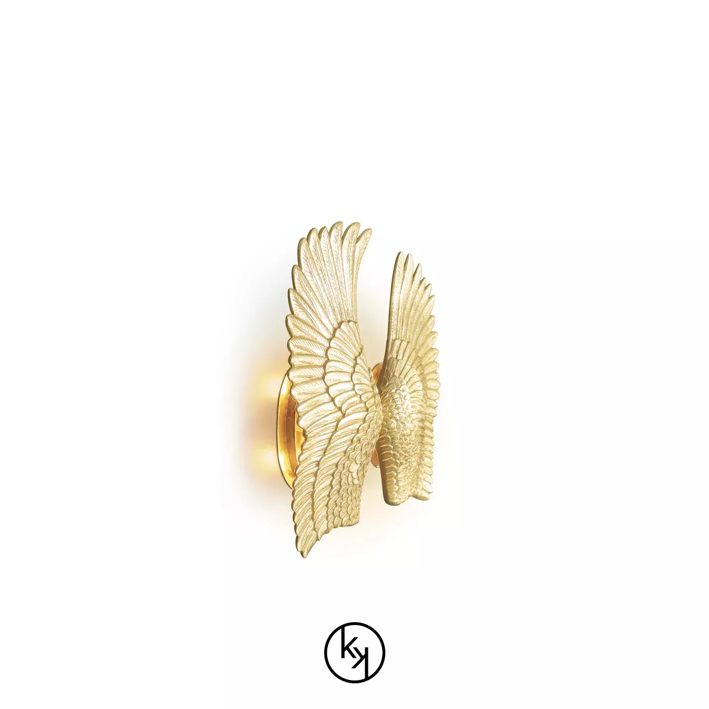 Pluma Sconce by KOKET featuring sculptural golden wings with detailed featherwork, symmetrically arranged in a radiant, angelic design