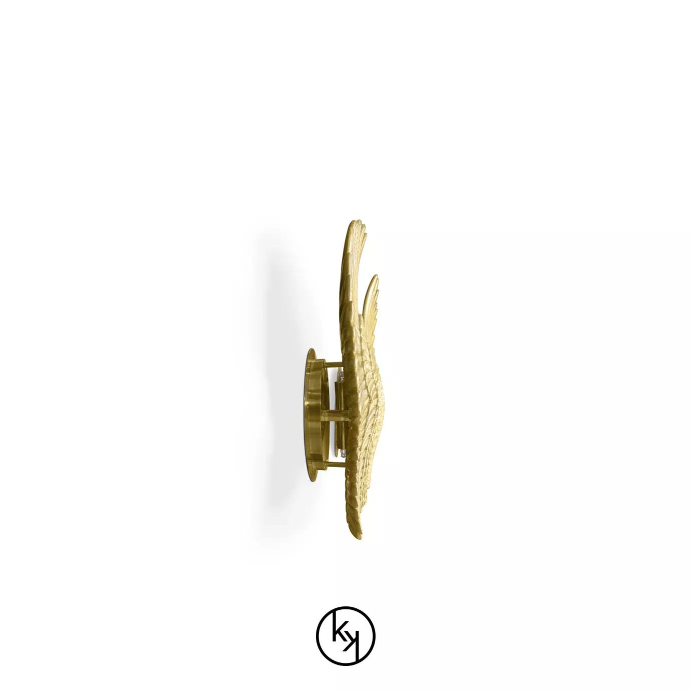 Pluma Sconce by KOKET featuring sculptural golden wings with detailed featherwork, symmetrically arranged in a radiant, angelic design