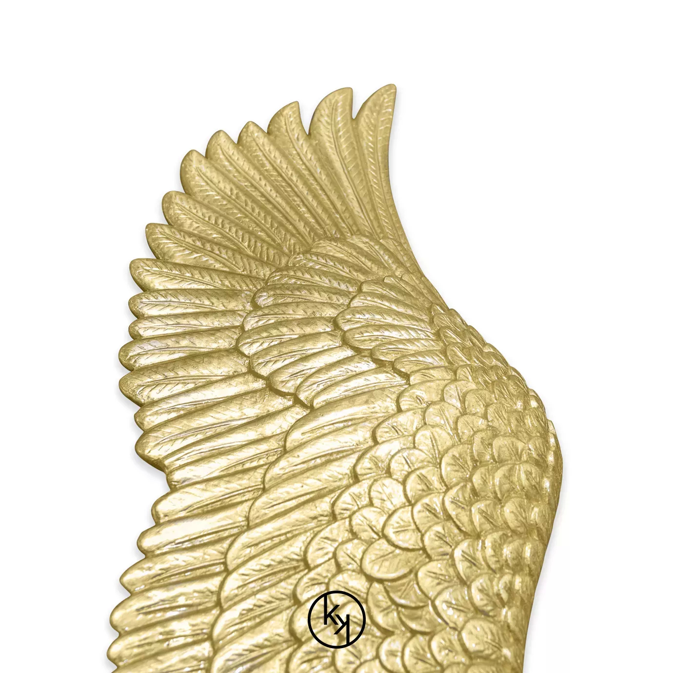 Close up of Pluma Sconce by KOKET featuring sculptural golden wings with detailed featherwork, symmetrically arranged in a radiant, angelic design
