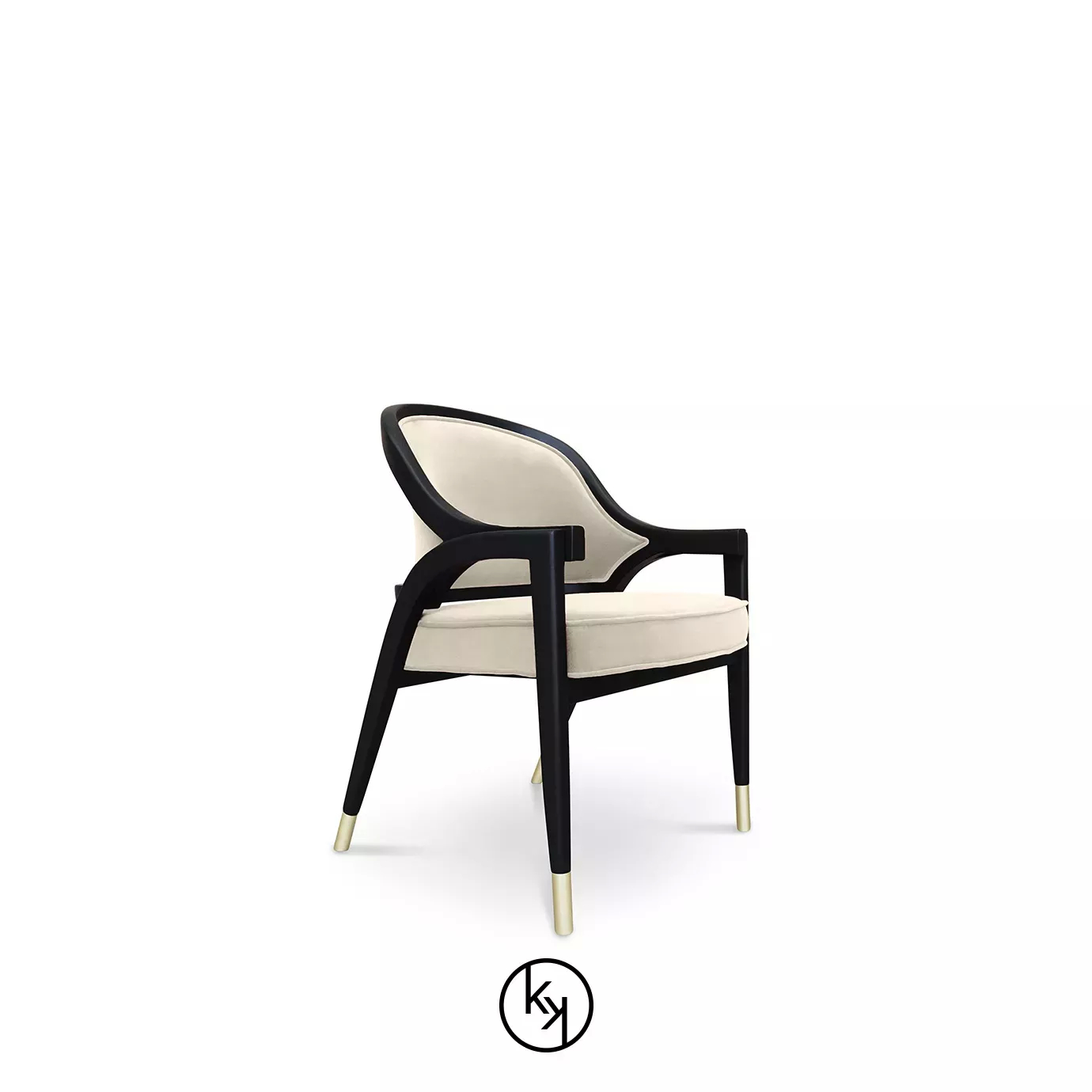 Arendal Chair by KOKET featuring a light beige upholstered seat and curved backrest, framed in dark wood with sleek legs and gold metal-tipped feet.