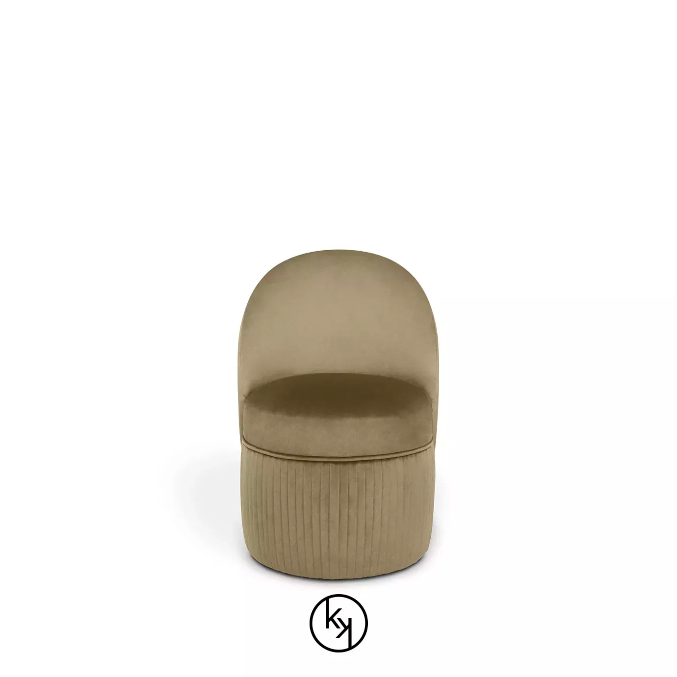 Venice Chair: Sleek, taupe velvet chair with a rounded back and pleated base for contemporary style.