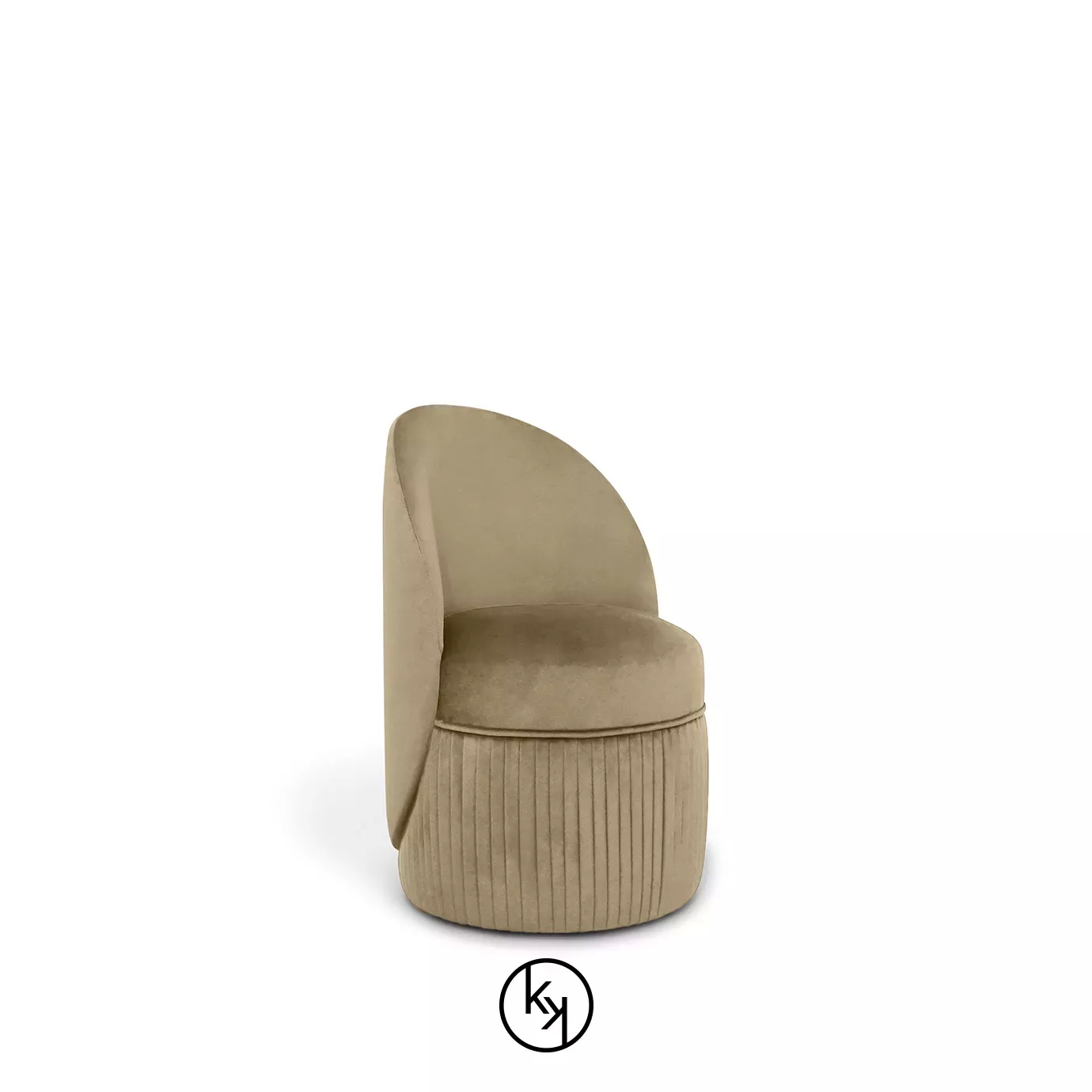 Venice Chair: Modern taupe velvet chair with a curved back and pleated base for stylish comfort.