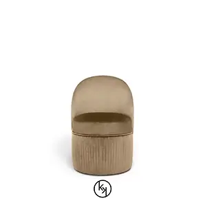 Venice Chair: Elegant, taupe velvet chair with a rounded back and pleated base for modern comfort.