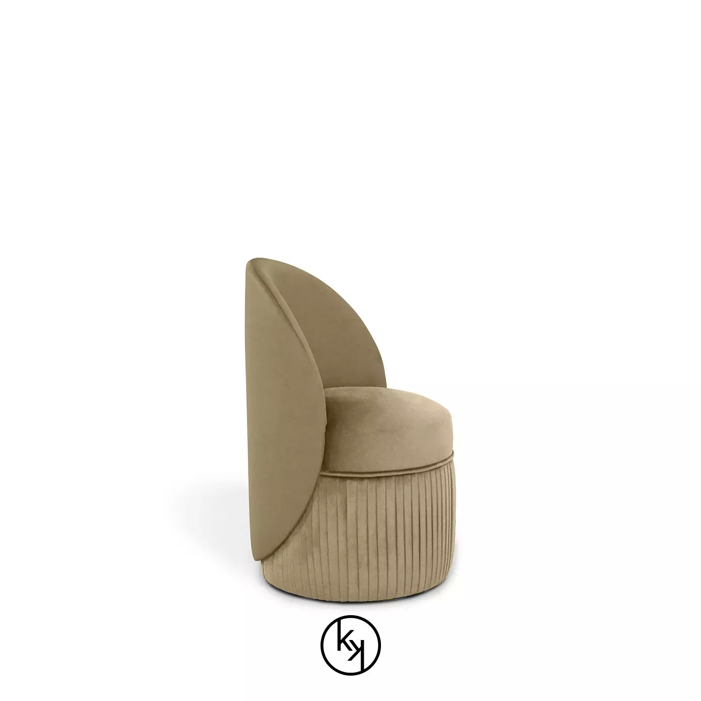 Venice Chair: Modern taupe velvet chair with a curved backrest and pleated base for stylish comfort.