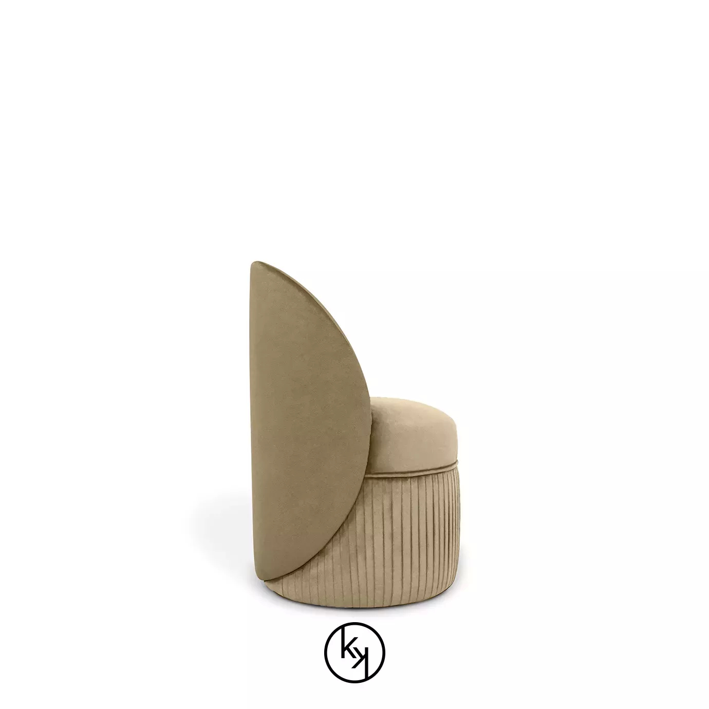 Venice Chair: Sleek taupe velvet chair with a curved backrest and pleated base for modern elegance.