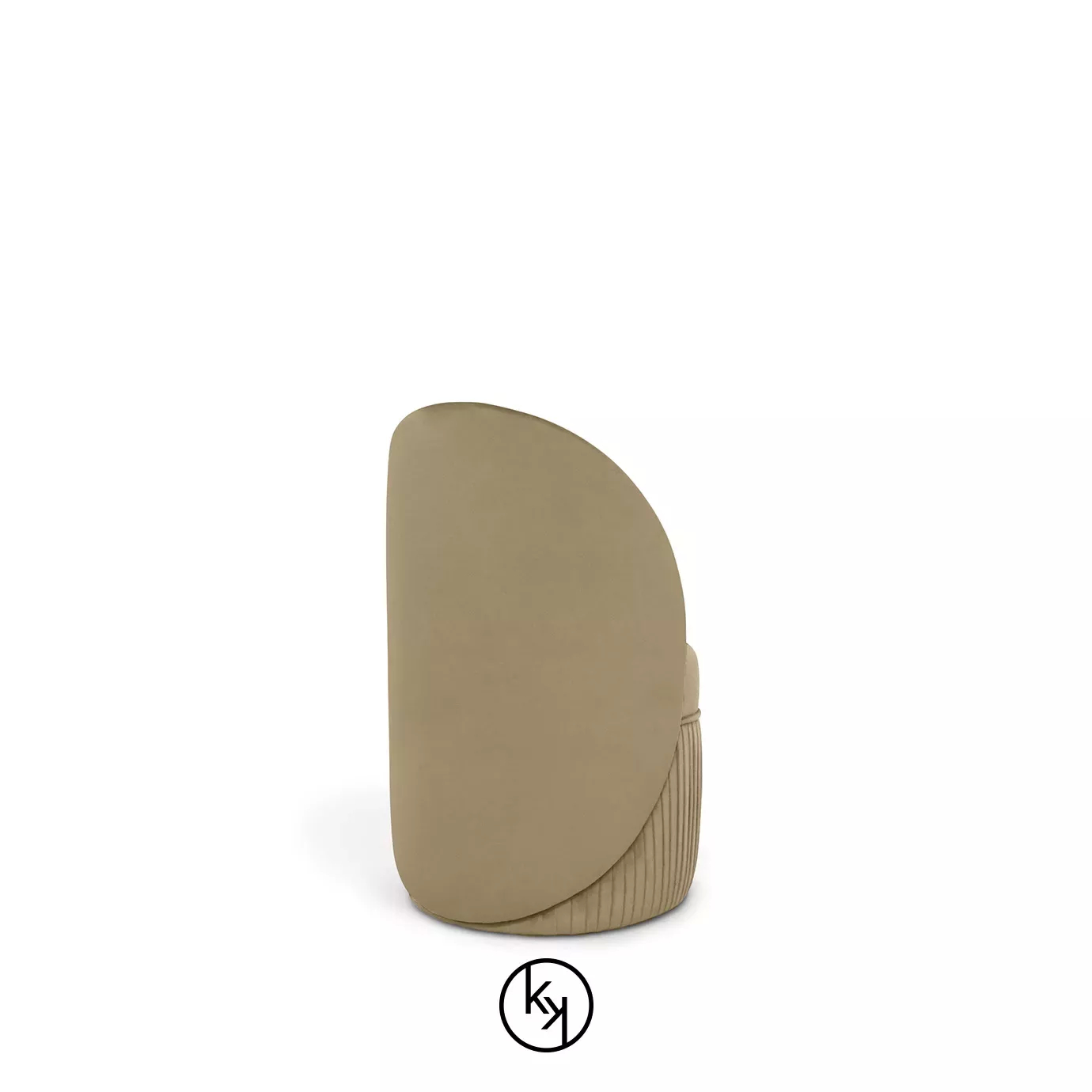 Venice Chair: Sleek taupe velvet chair with curved backrest and pleated base, shown from a slightly angled back view.