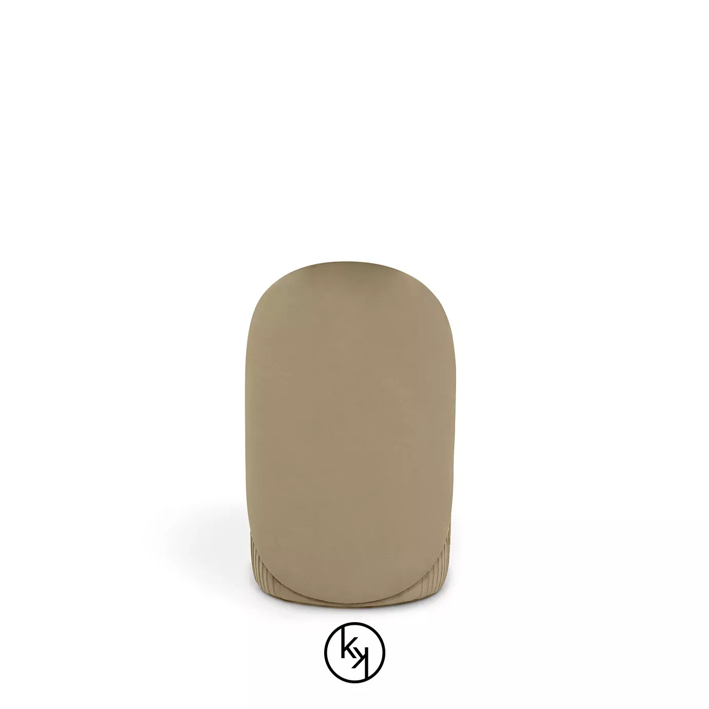 Venice Chair: Taupe velvet chair with curved backrest and pleated base, shown from the back view.