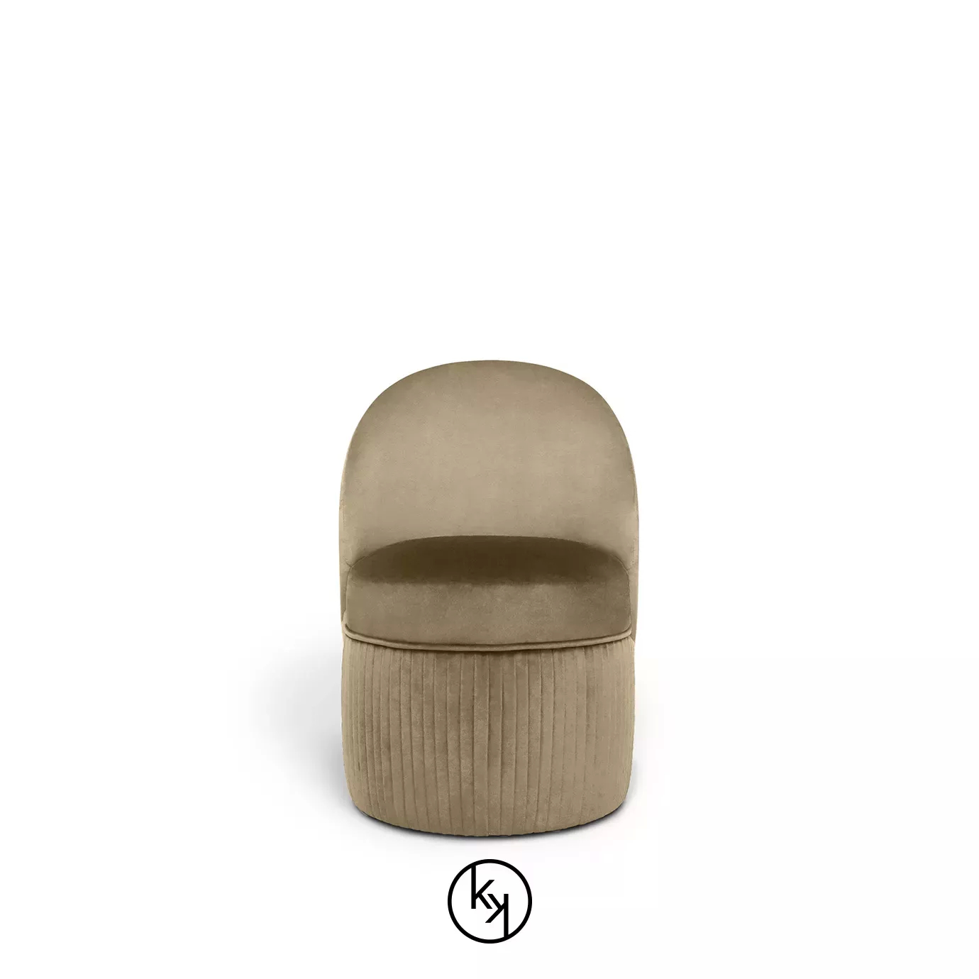 Venice Chair: Elegant, taupe velvet chair with a rounded back and pleated base for modern comfort.