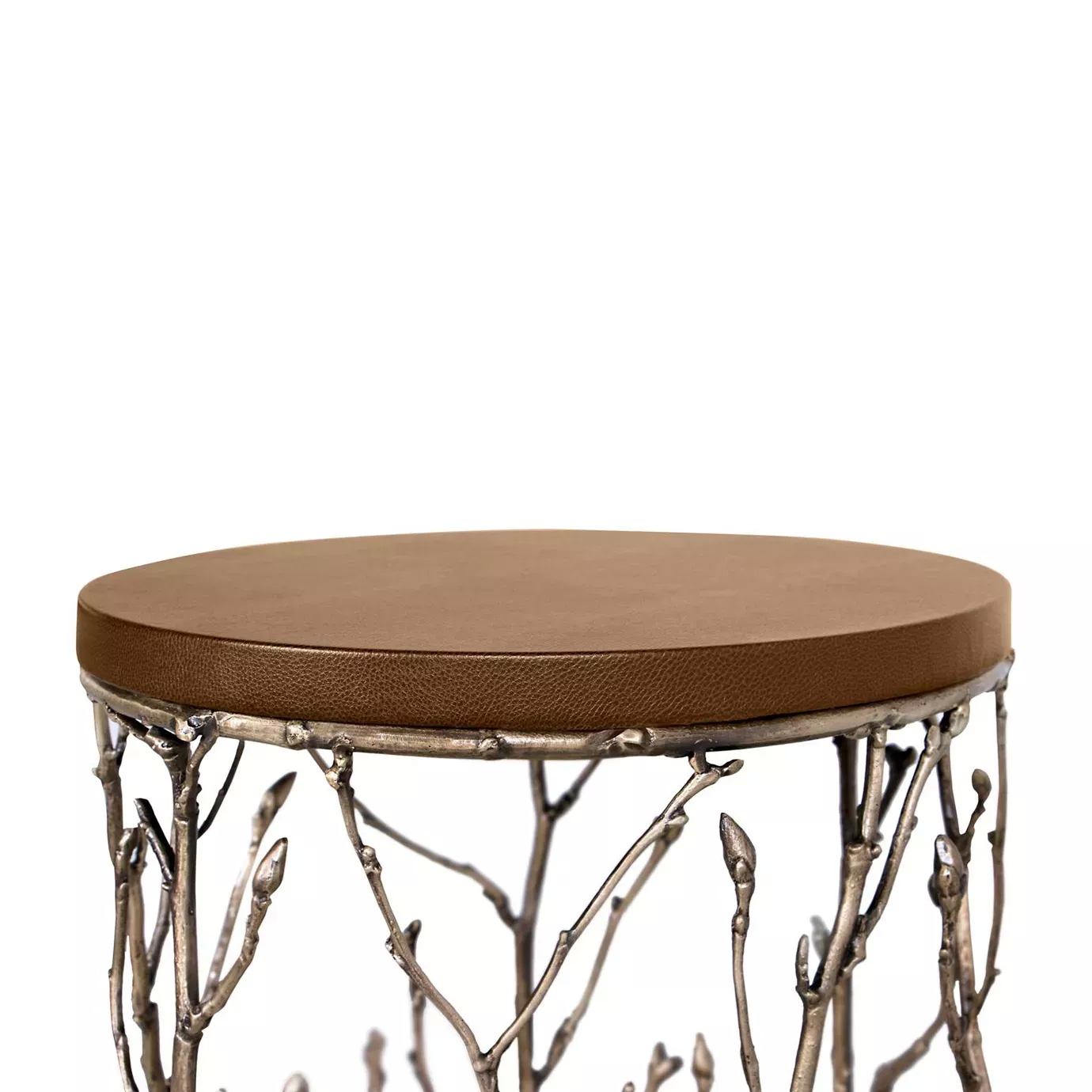 Enchanted Synthetic Leather Side Table: Close view of the leather tabletop, combining with the aged brass structure resembling branches.