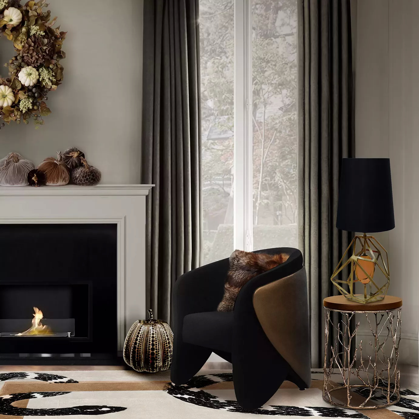 A neutral-colored living room with an Enchanted Synthetic Leather Side Table in earthy tones, featuring an aged brass structure resembling branches. On top of the side thable, there is a table lamp, with a black lampshade. Next to the table, there’s a black chair. A fireplace is seen in the background.