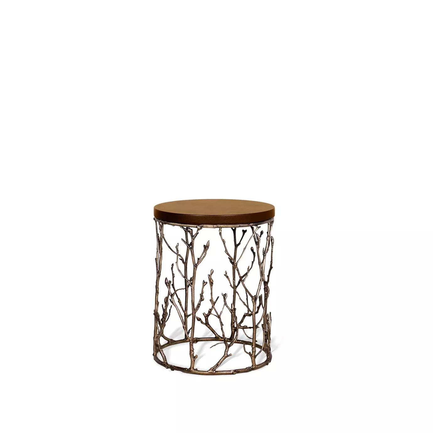 Featuring a leather tabletop, the Enchanted Synthetic Leather Side Table has a structure adorned with intricate aged brass details, resembling branches.
