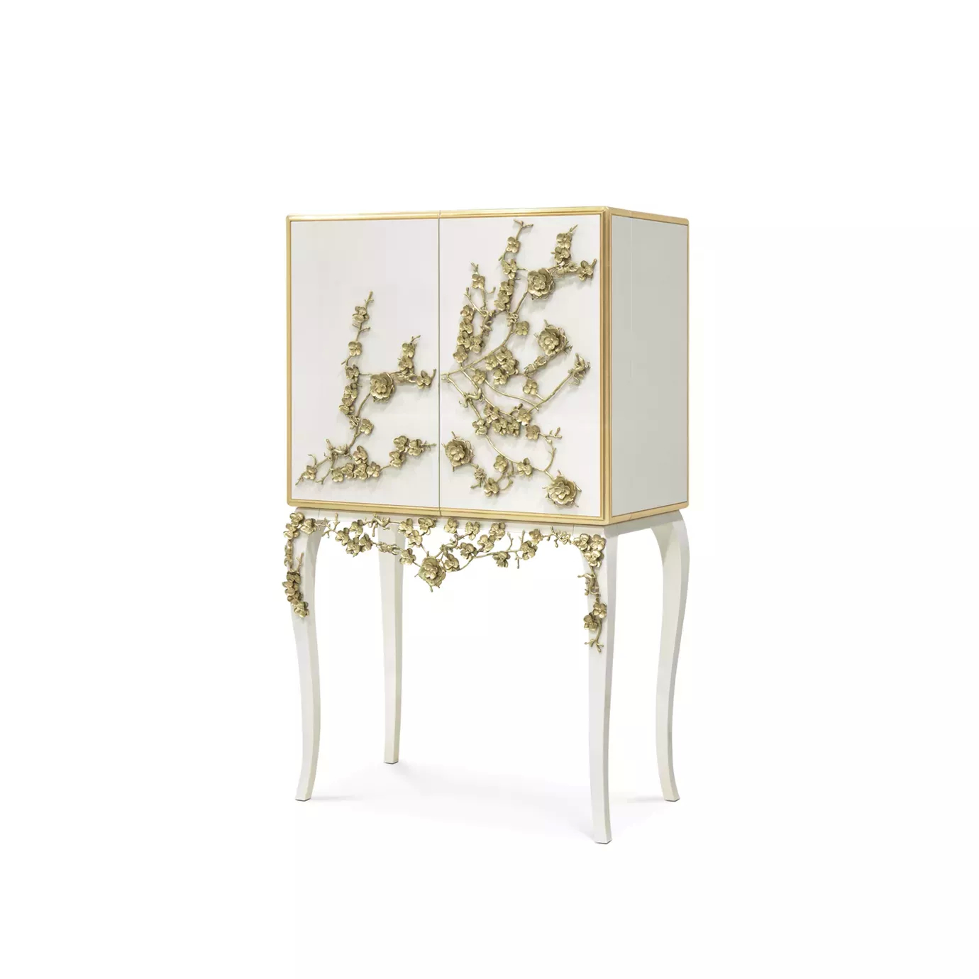 Slight turned vision of the cream toned Spellbound Lacquer Bar Cabinet, featuring a luxurious golden frame and golden flower-shaped details on its door elongating to its base.