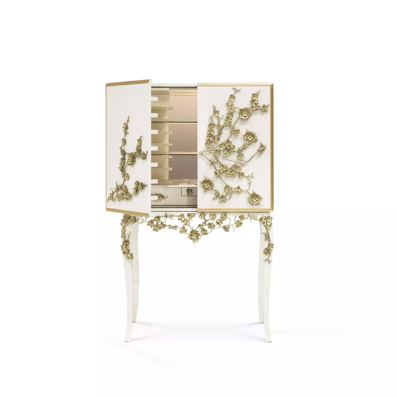 Spellbound Lacquer Bar Cabinet: in cream hues and with golden floral-themed details, this glamourous bar cabinet reveals four glass shelves as well as three drawers on the inside.