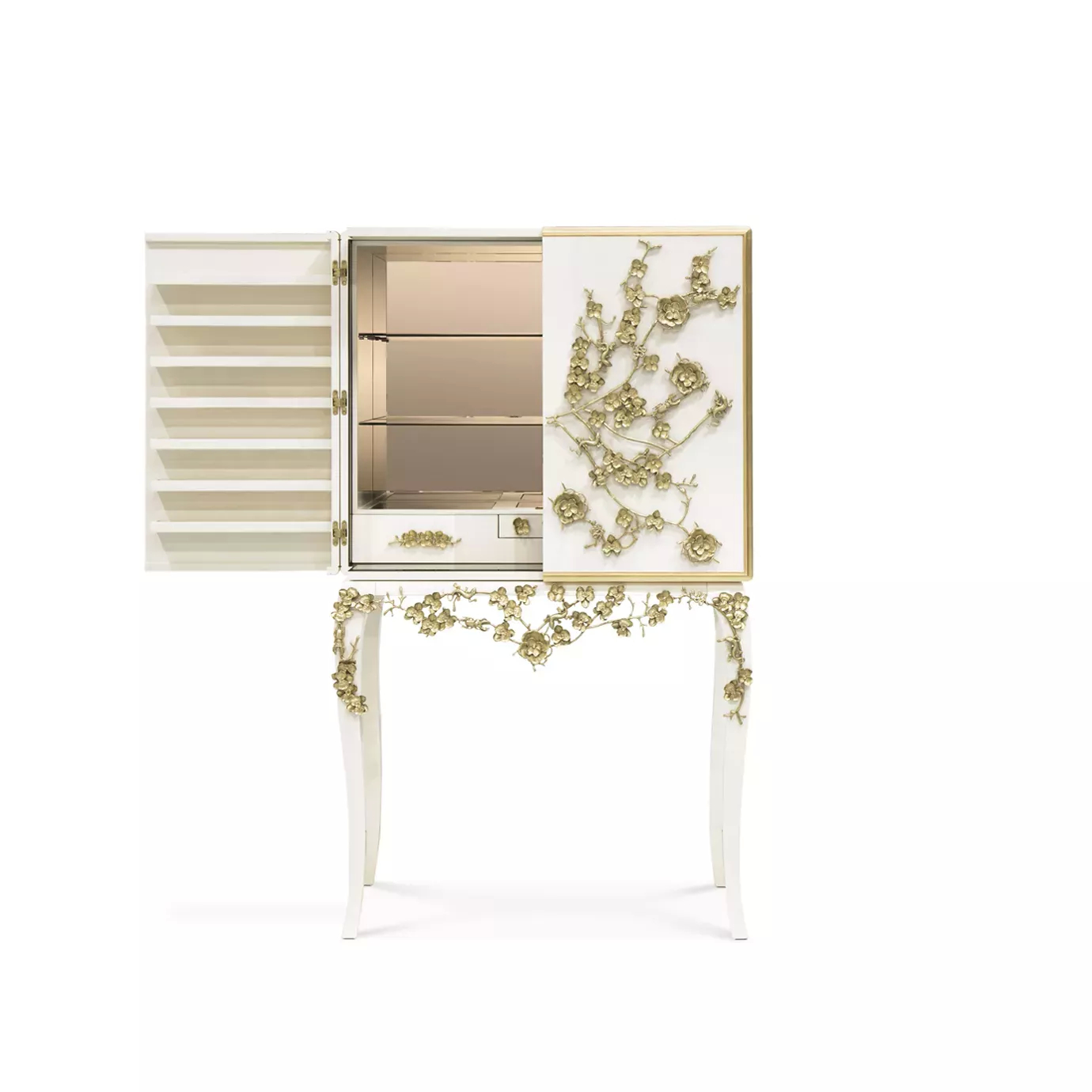 Spellbound Lacquer Bar Cabinet: featuring cream tones and golden floral accents, this glamorous bar cabinet opens to reveal four glass shelves and three interior drawers.