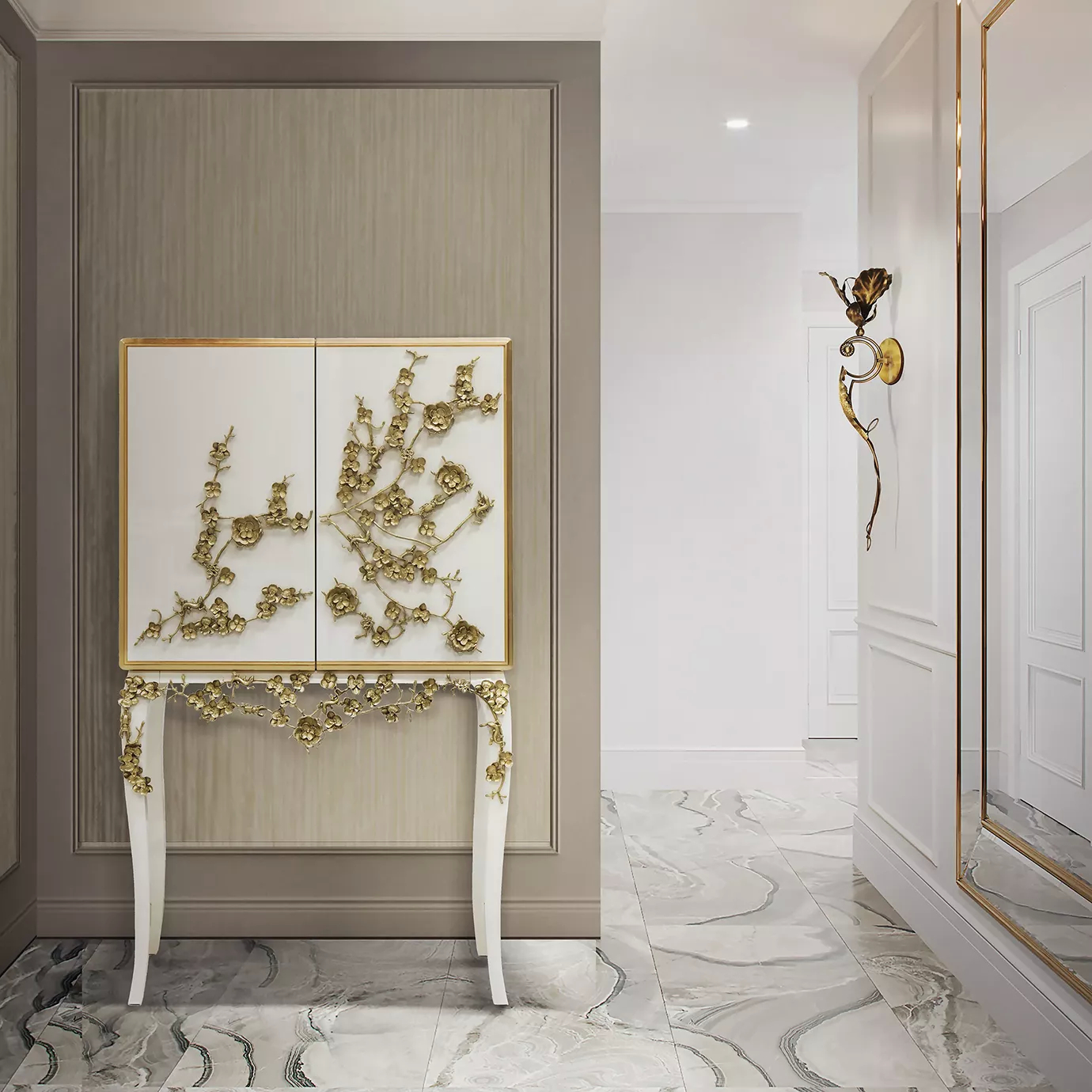 A neutral hues room, featuring an elegant Spellbound Lacquer Bar Cabinet in creamy tones and with golden floral details on its door elongating to its base.
