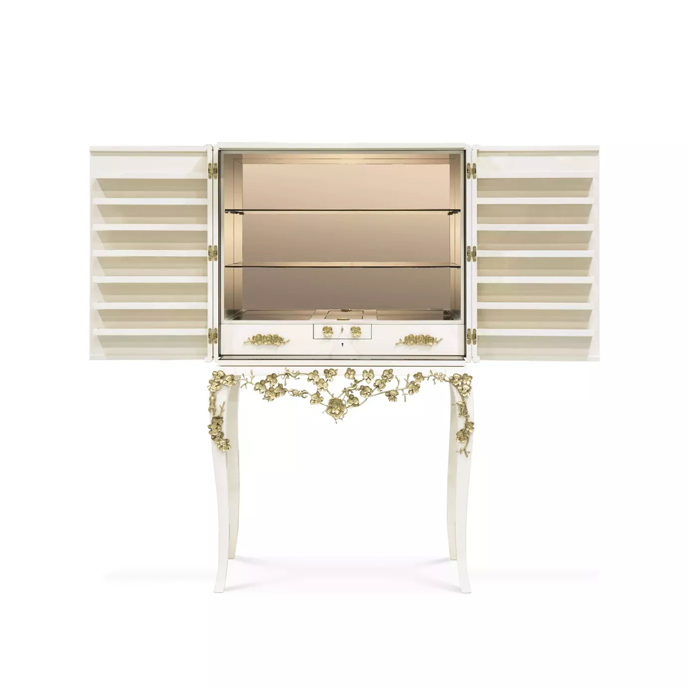 With both doors open, the luxurious cream toned Spellbound Lacquer Bar Cabinet reveals four glass shelves and three drawers. The golden floral themed details are seen on the base.
