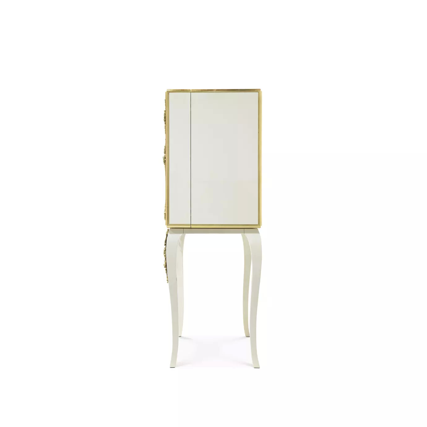 Side view of the Spellbound Lacquer Bar Cabinet, demonstrating its creamy hues and elegant golden frame.