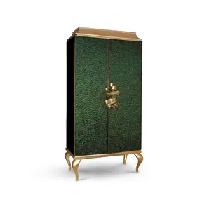 Divine Armoire: Tall cabinet with a green peacock feather pattern, gold trim, and a gold ribbon-like handle.