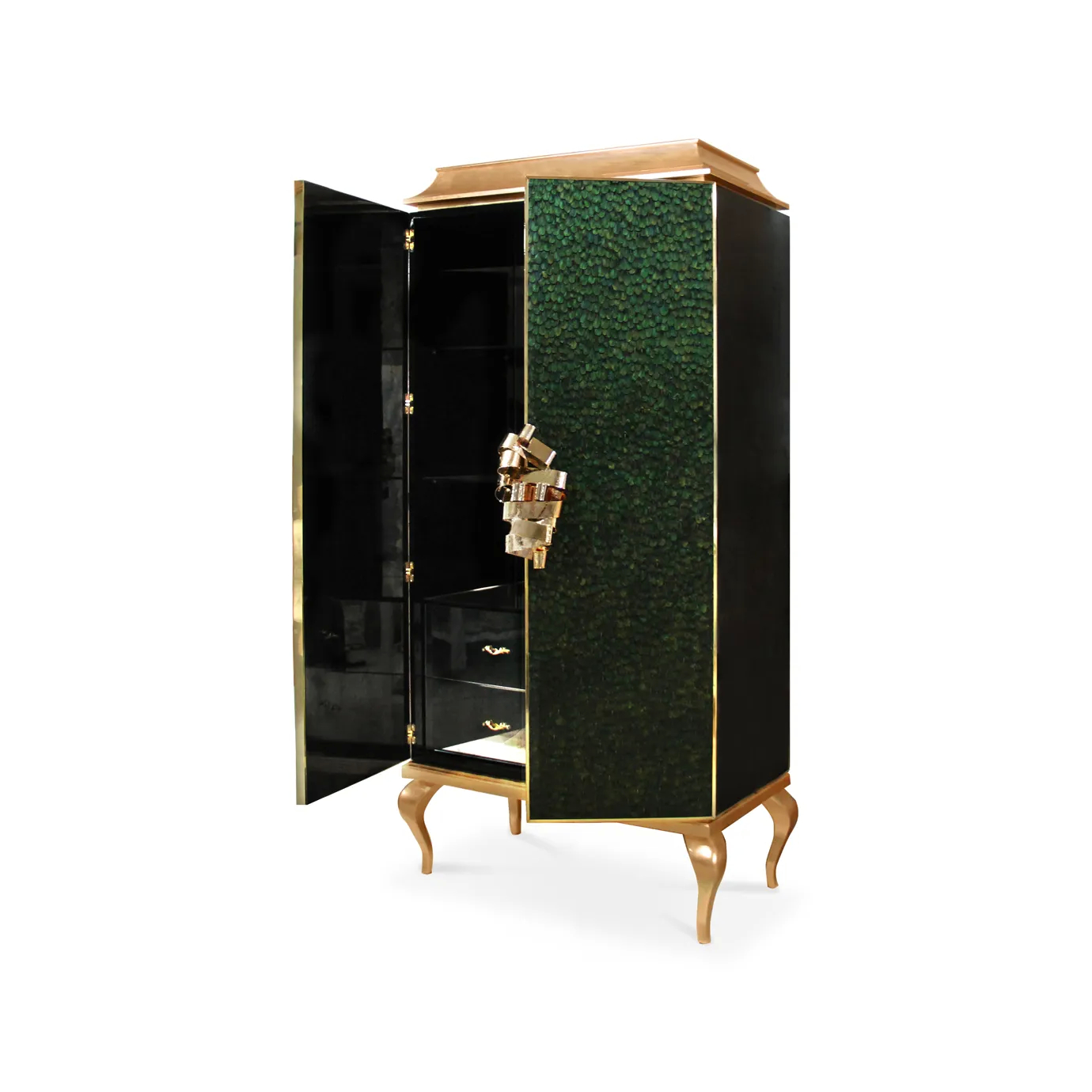 Divine Armoire: Tall cabinet with an open door, showcasing a green peacock feather pattern, gold trim, and a gold ribbon-like handle.