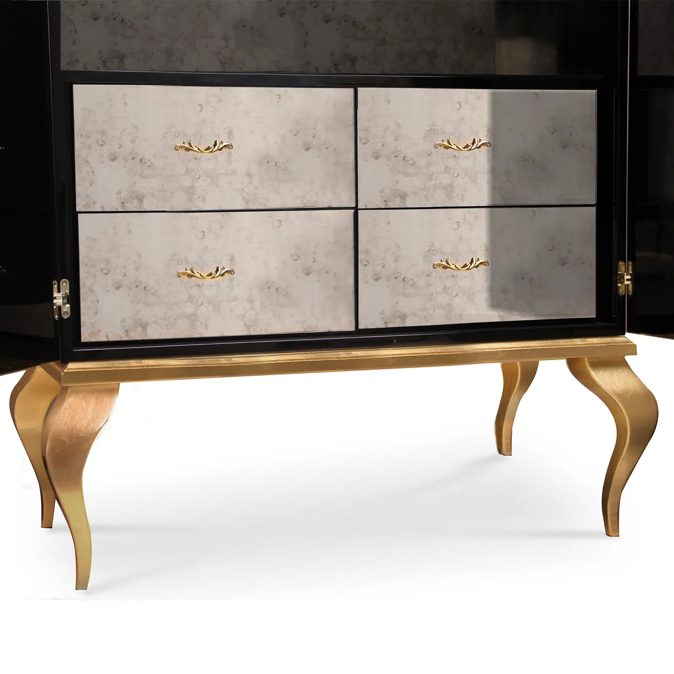 Divine Armoire (open): Close-up of four mirrored drawers with ornate gold handles and legs, inside the open cabinet.