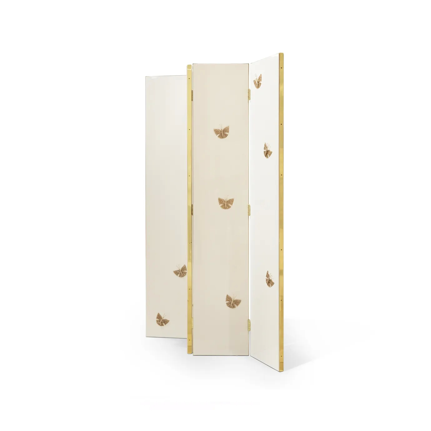 Elegant three-quarter view of KOKET’s Euphoria Screen, featuring handcrafted gold butterfly ornaments on cream lacquer and brass framing.