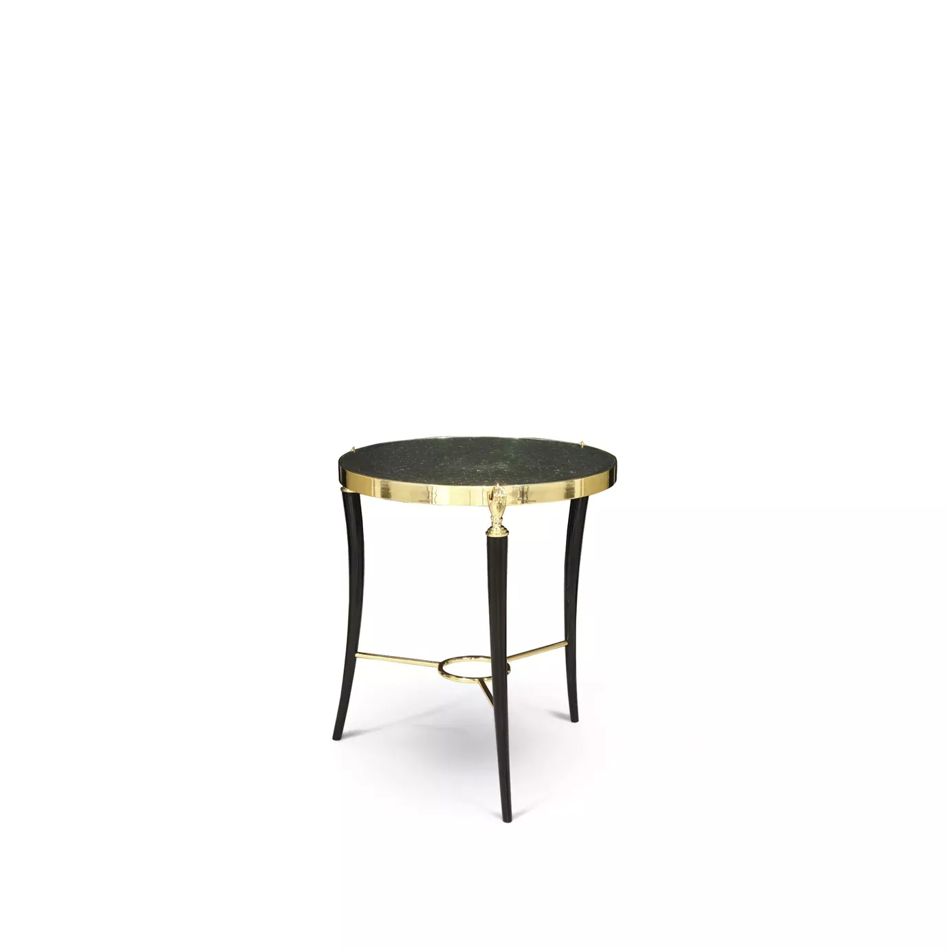 Elegant Gisele Side Table with round peacock feather pattern top, golden details, and black legs.