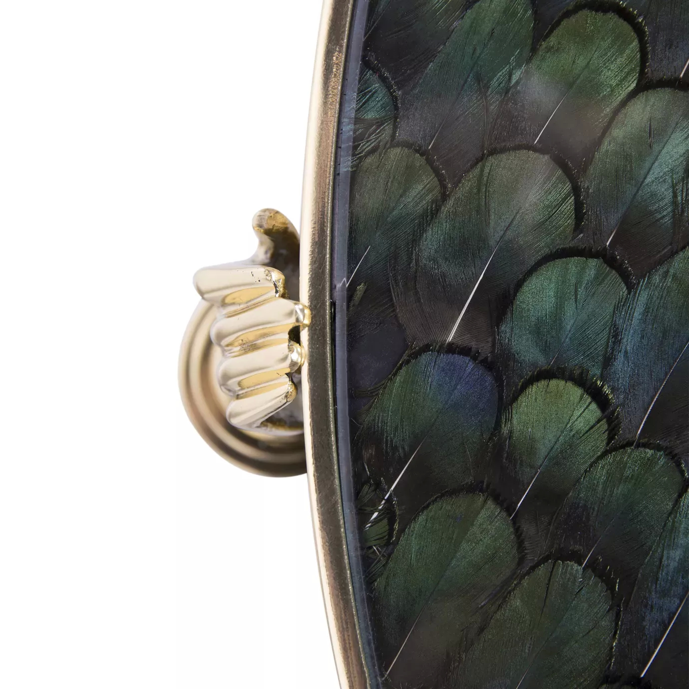 Elegant close-up of the peacock feather pattern top and golden hand detail of the Gisele Side Table.